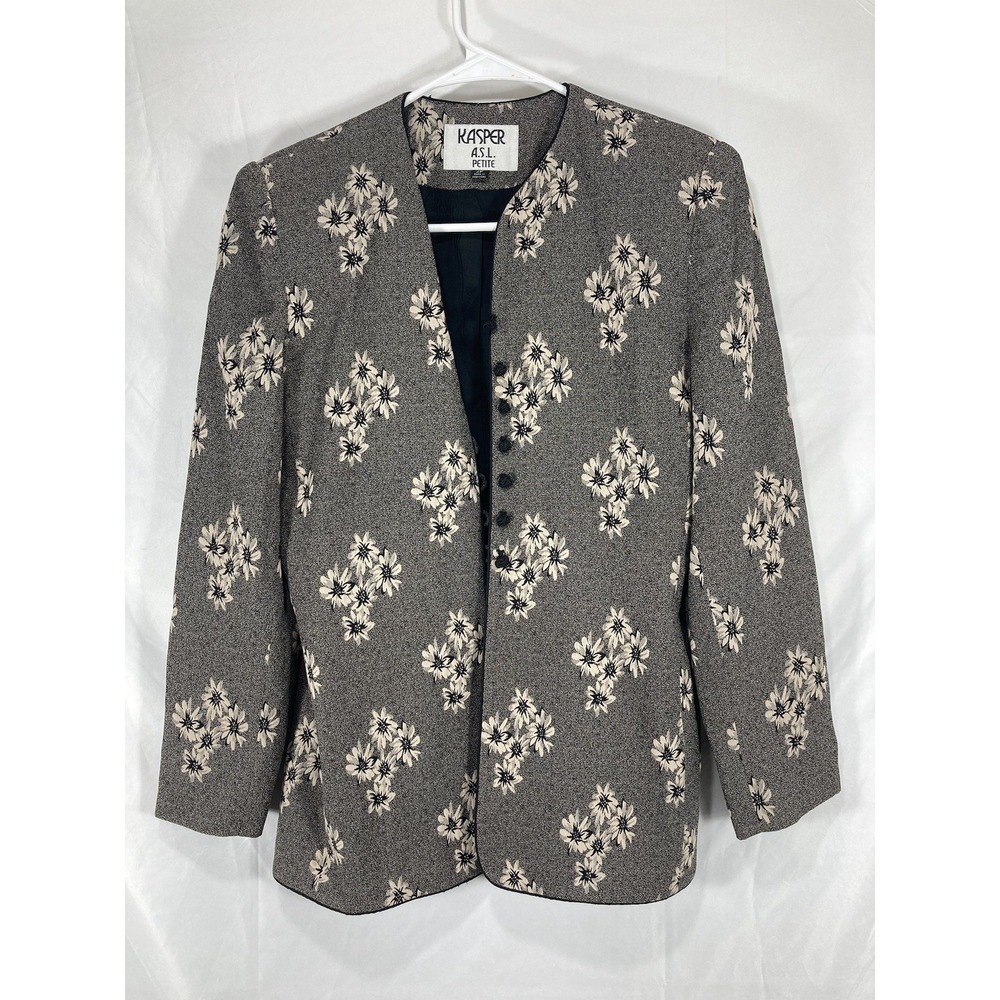Kasper For ASL Black And White Floral Print Asian Inspired Lined Jacket Six Sz S